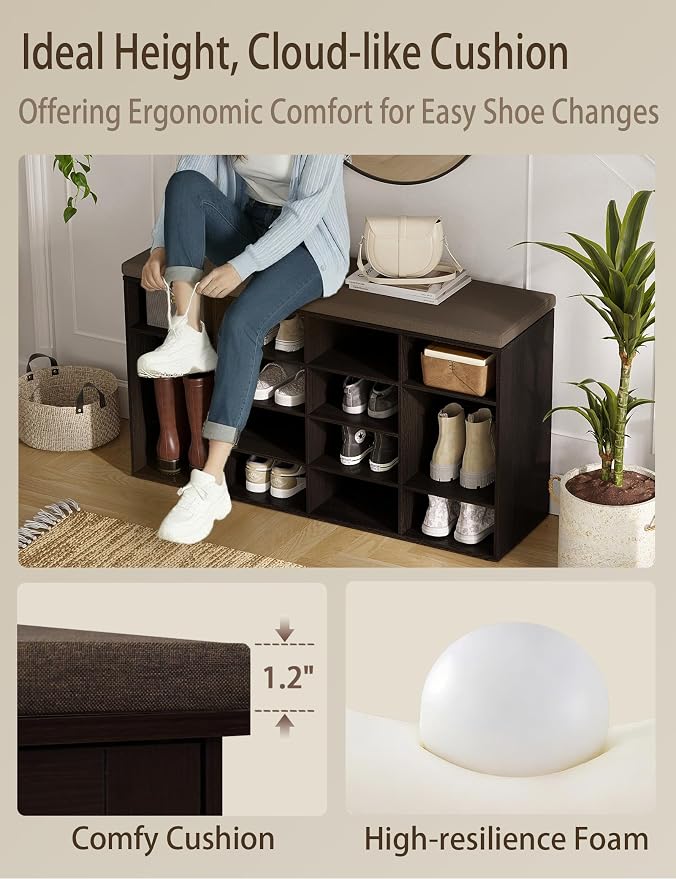 DINZI LVJ Shoe Storage Bench with Cushion, 14-Cubby Shoe Rack, Adjustable Shelves, Multifunctional Shoe Organizer Bench for Entryway, Mudroom, Hallway, Living Room, Bedroom and Garage, Espresso