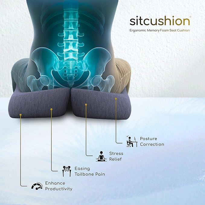 SitCushion X Large Office Chair Cushion for Sciatica Pain Relief, Memory Foam Seat Cushion for Car Seat Pad, Orthopedic Pillow. Computer Chair Cushion for Tailbone Pain Relief All Day Comfort (Gray)