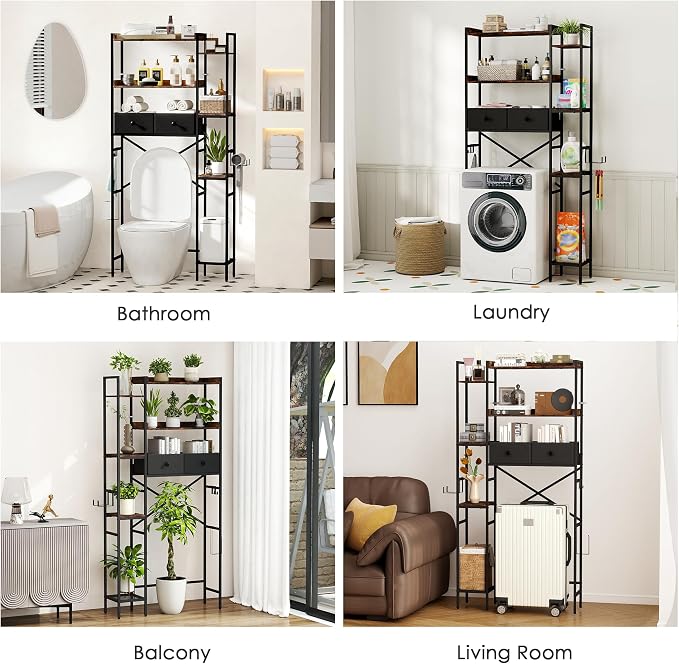 Over The Toilet Storage Shelf with Drawers, 7 Tier Above Toilet Bathroom Organizer Rack with Adjustable Shelves, Space Saver Stand Behind Toilet with Paper Holder & Hooks for Laundry, Brown