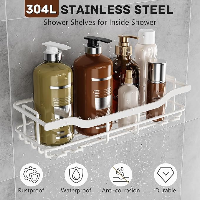OMAIRA 3-Pack Shower Caddy with Soap Holder, Adhesive Rustproof No-drill Strudy Loading Inside Shower Organizer Shelves Rack Storage Bathroom Organization for Smooth Wall Glass Tile, White (X-Large)