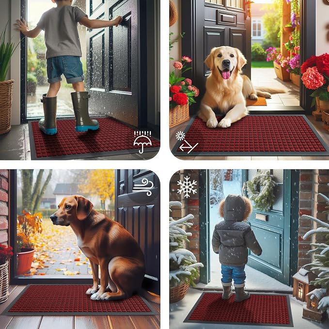 Smiry Front Door Mat Outside Entrance, Heavy Duty Natural Rubber Doormat, Non Slip, Trap Dirt and Moisture, Easy Clean, Low Profile Welcome Floor Mats for Indoor Outdoor Entry, 47x32 Inch, Red