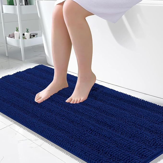OLANLY Thick Large Bathroom Rugs 50x30, Extra Soft Absorbent Chenille Striped Bath Rugs, Rubber Backing, Machine Wash Dry, Bath Mats for Bathroom Floor, Tub and Shower, Home Decor Accessories, Navy