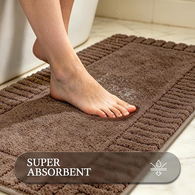 Pauwer Bathroom Rugs Sets 3 Piece Non Slip Machine Washable Bathroom Shower Rugs with U-Shaped Contour Toilet Mat Plush Shaggy Absorbent Microfiber Bath Mat Set, Dark Brown
