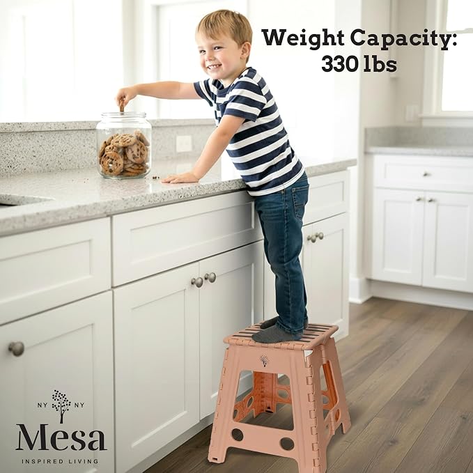 Inspired Living 18" Step Stool, Folding Step Stools for Adults, Plastic Foldable Step Stools Kids, Holds Up to 330 lbs, Collapsible Folding Stool for Kitchen, Bathroom, Bedroom - Blush/Grey