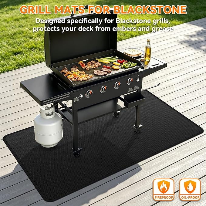 Under Grill Mats for Blackstone - 65 x 39 Inch BBQ Mats for Outdoor Grill Deck Protector, Double-Sided Fireproof Oil-Proof Waterproof Griddle Floor Mat for Outdoor Grilling, Easy to Clean
