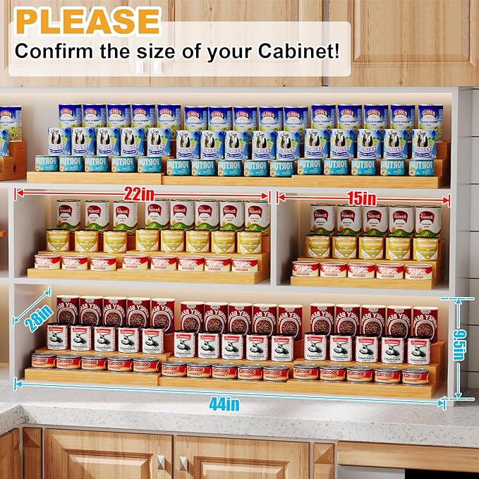 3-Tier Extra-Long Expandable Bamboo Can Rack for Pantry – Adjustable Pantry Can Organizer, Large Capacity Holds up to 45 Cans, Pantry Shelf & Countertop Storage (Patent Pending)