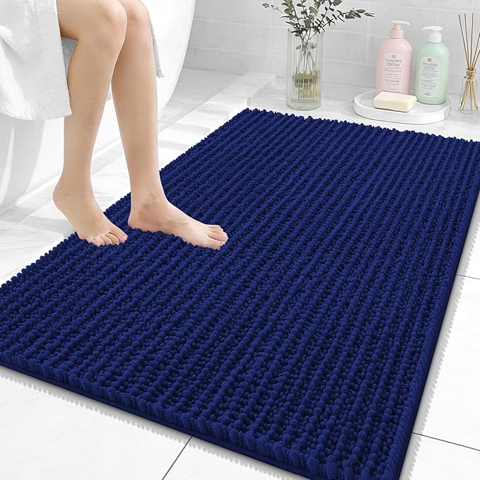 OLANLY Bathroom Rug Mat 40x32, Thick Soft and Absorbent Chenille Bath Mat, Non-Slip Rubber Backing, Machine Washable Quick Dry Bath Rugs for Tub Shower Floor, Home Decor Accessories, Navy Blue