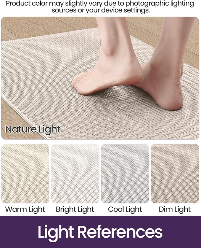 DEXI Kitchen Floor Mats Cushioned Anti Fatigue,17x29+17x59, Standing Runner Rug Waterproof, Comfort Memory Foam Padded for Front Sink Laundry Set of 2, Beige