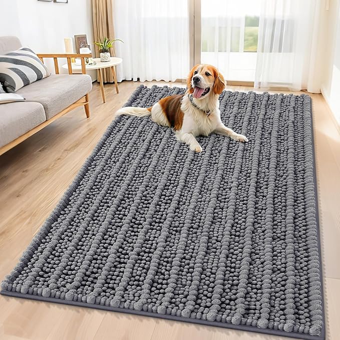 Smiry Dog Door Mat for Muddy Paws 59x35, Absorbent Dirt Trapper, Non-Slip Washable Chenille Entryway Rug for Inside Floor, Dark Grey, Layered Pattern