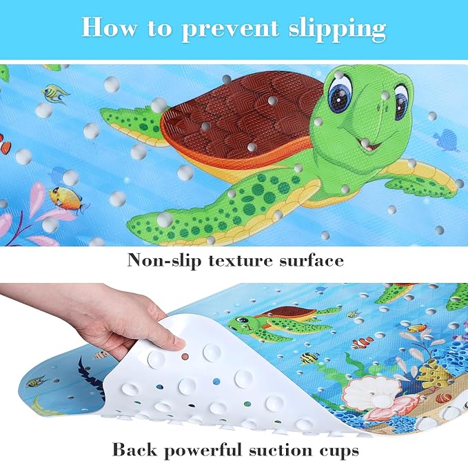Secopad Bath Mat for Tub Non Slip, Machine Washable Anti-Slip Cartoon Baby Bathtub Shower Mat with Drain Holes and Suction Cups for Toddler & Kids, 40 Inch x 16 Inch, Red Turtles
