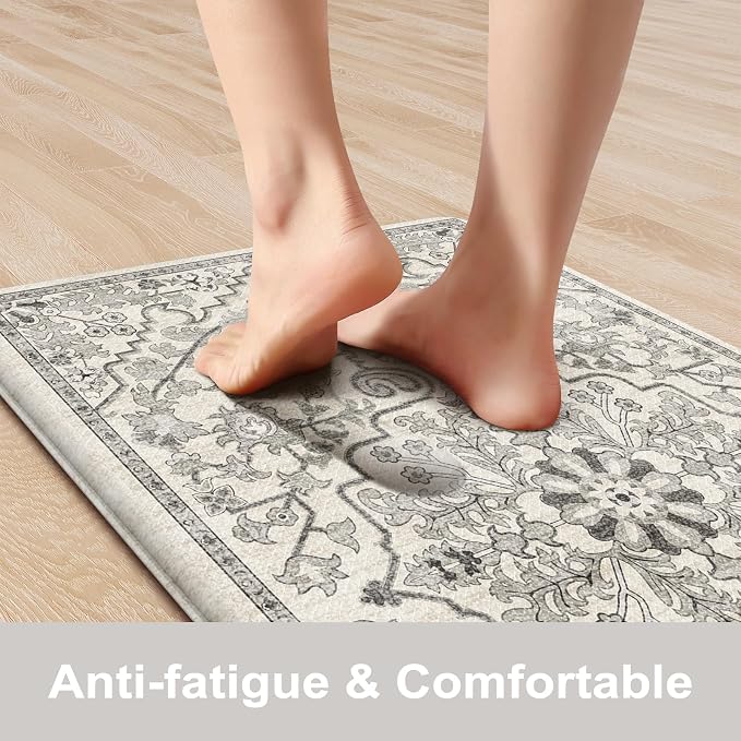 KIMODE Anti Fatigue Kitchen Mat, Cushioned Boho Kitchen Runner, Non Slip Farmhouse Kitchen Mat for Floor, Waterproof Standing Desk Mat for Laundry, Office, Sink Grey 17.3"x59"