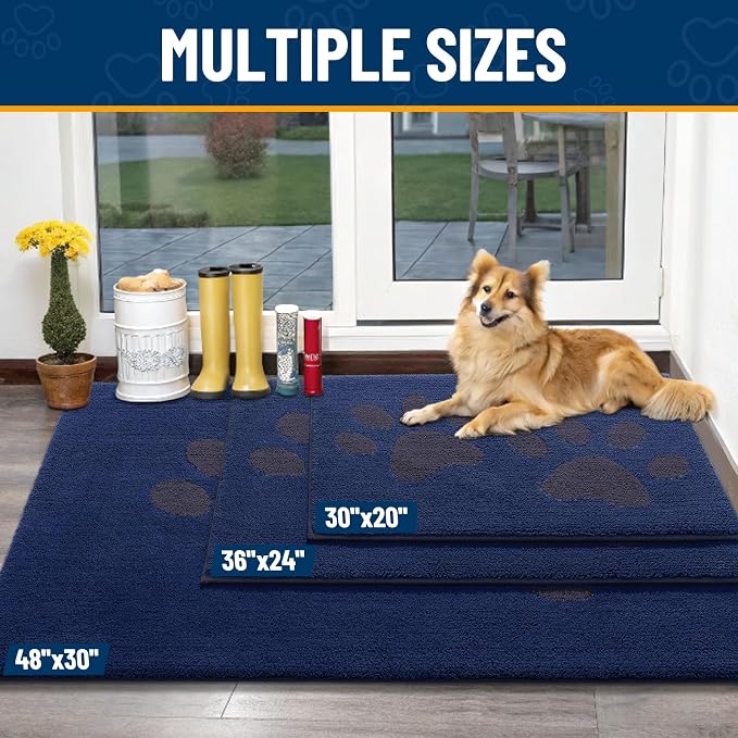 Smiry Dog Door Mat for Muddy Paws, Absorbs Moisture and Dirt, Low-Profile Entryway Mat with Non-Slip Backing, Entry Indoor Outdoor Doormat for Inside Floor (48x30 Inches, Navy Blue, Paw)