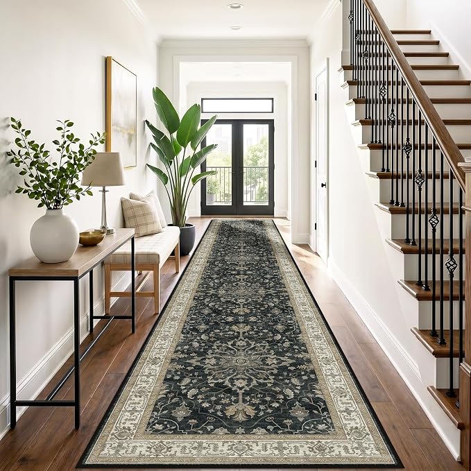 RELEANY Area Rugs Runner 3'x20' Washable Non-Slip, Floral Vintage Distress Medallion Carpet for Kitchen Hallway Bedroom Beside Laundry Room Bathroom, Vintage Black Brown Neutral