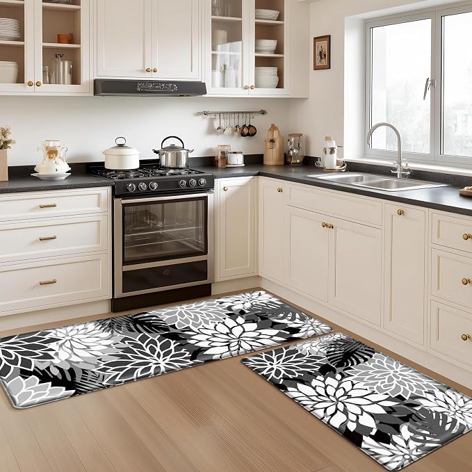 Arenarug Kitchen Mats for Floor 2PCS Cushioned Anti Fatigue Kitchen Mats Waterproof Non Slip Kitchen Mat Rug Set Comfort Foam Standing Mat for Sink, Laundry, Office, Black White