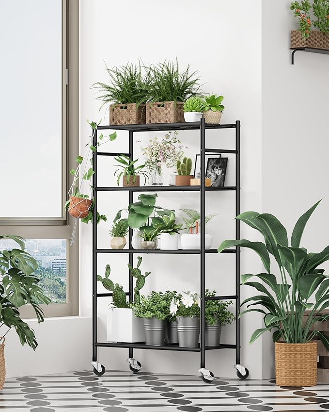 Sakugi Storage Shelves Organizer - 4 Tier Metal Shelf Organizer with Metal Wheels and Adjustable Leveling Feet, Heavy Duty Garage Shelving for Kitchen, Pantry and Closet, 33.1"x12.6"x58.9", Black