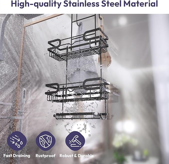 SWTYMIKI Over the Door Shower Caddy Hanging with Double Soap Holder, Hanging Shower Organizer with 16 Hooks, No Drilling Shower Shelves Over Door, Bathroom Rack and Storage, Black