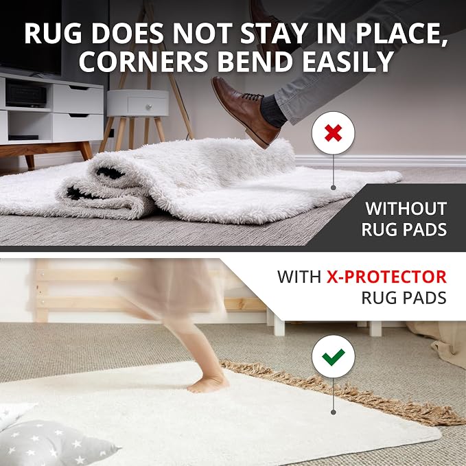 X-Protector Rug Tape for Carpet - 12 Pcs Set - White Anti-Slip & Anti-Curling Carpet Tape for Rugs - Premium Rug Pad Gripper - Ideal Carpet Corner Grippers to Keep Your Rugs & Make Corners Flat
