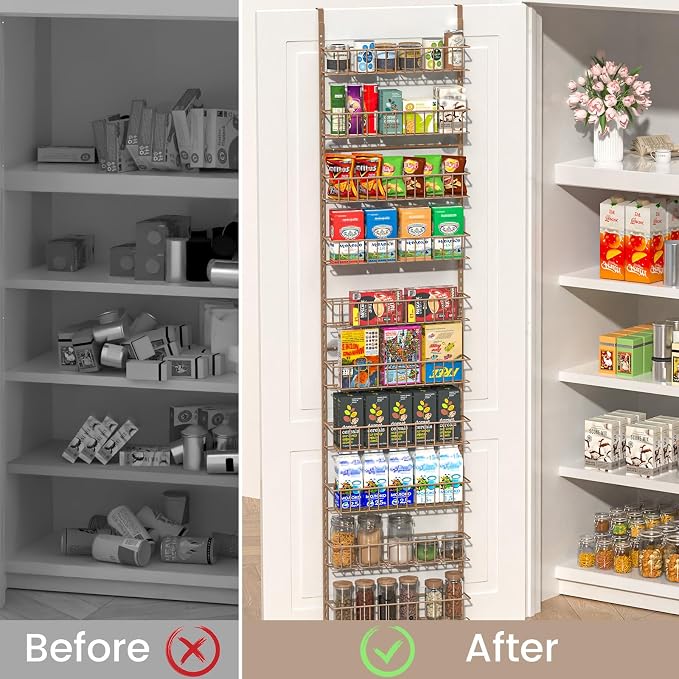 ElegantArray 9-Tier Pantry Door Oragnizer, Over The Door Pantry Organizer Rack and Storage, Hanging Spice Rack Shelves Door, Home Office Laundry Room Bathroom & Kitchen Organization, Brown