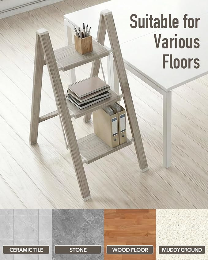 Mayi Plus 3 Step Ladder,Aluminum Folding Step Stool for Adults,Step Ladder with Wide Anti-Slip Pedal,330 lbs Capacity for Home,Kitchen,Library,Office(Fir Woodgrain)