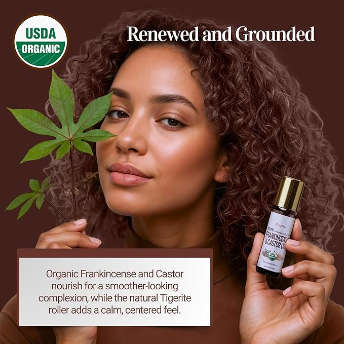 Castor Oil Frankincense Essential Oil Roll On for Face Eyebrows Under Eye - 100% Pure USDA Organic MCT Coconut - Dark Circles Fine Lines Facial Skin Care Serum - Gemstone Roller 10ml Travel Size