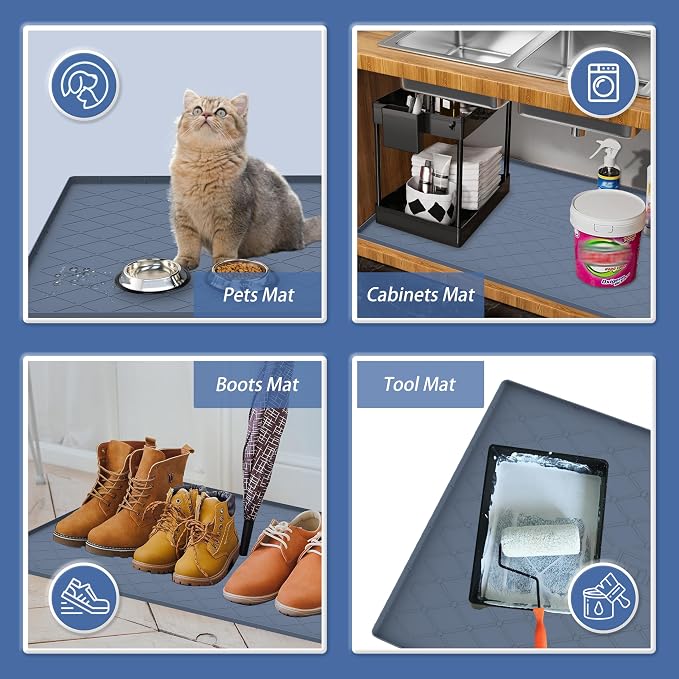 URMONA 34" x 22" Waterproof Silicone Mat in Multiple Sizes & Colors, Under Sink Mat for Kitchen & Bathroom, Pet Food Pad for Dogs & Cats, Kitchen Cabinet Liner, Multi-Purpose for Storage(Dark Grey)