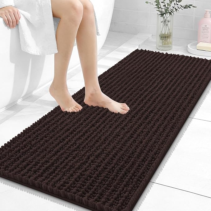 OLANLY Long Bathroom Rugs Runner 47x20, Thick Soft and Absorbent Chenille Bath Mat, Non-Slip, Machine Washable Quick Dry Bath Rugs for Tub Shower Floor, Home Decor Accessories, Brown