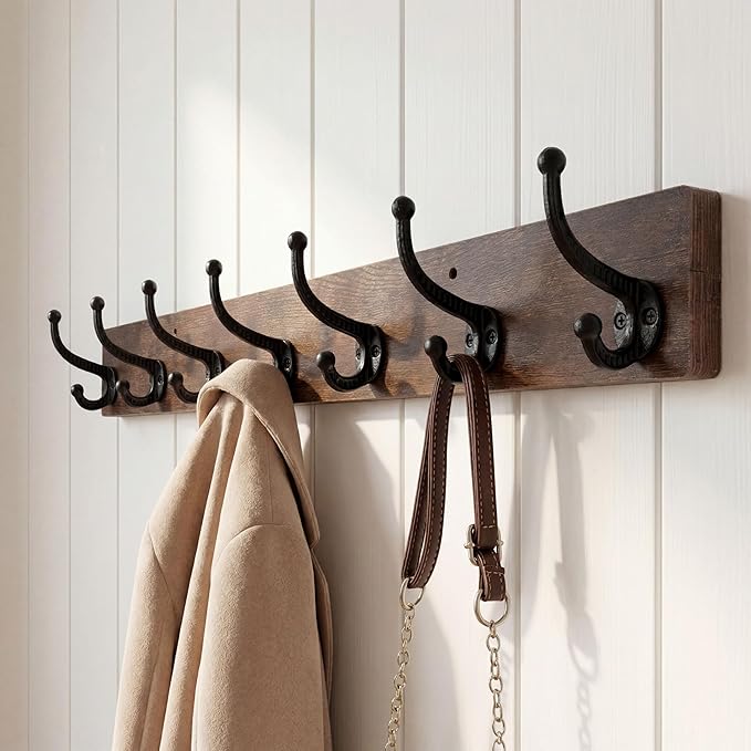WEBI Rustic Coat Rack Wall Mount,30" Long 7 Cast Iron Coat Hooks Wall Mounted,Heavy Duty Wood Wall Coat Hanger Hooks for Hanging Coats,Jacket,Clothes,Backpack,Farmhouse,Rustic Brown