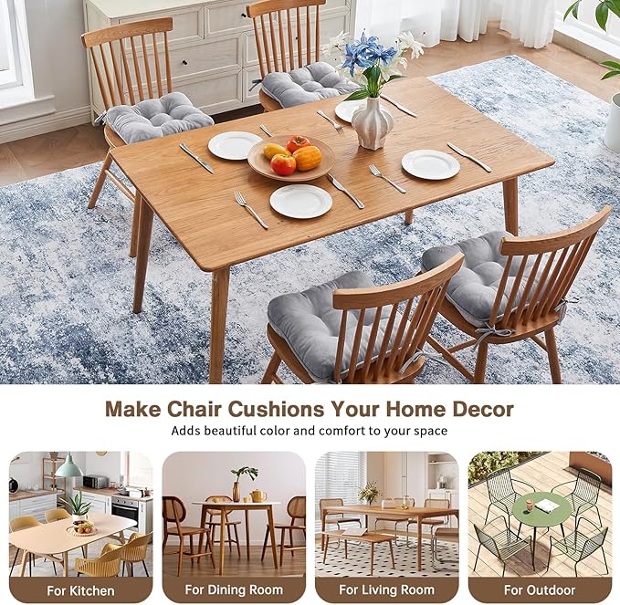 BETU Chair Cushions for Dining Chairs Set of 4,3.5" Thick Kitchen Table Chair Pads with Ties,Non Slip Backing and Covers, Seat Cushion for Dining Room,Bar,Patio Chairs,15.5"X15.5"X3.5",Light Grey