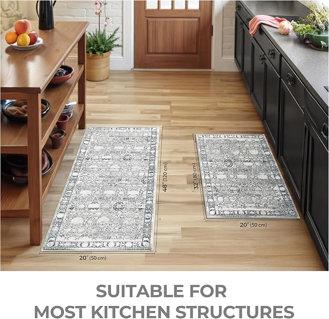 GRANNY SAYS Boho Kitchen Rug Sets of 2, Non Slip Washable Faux Wool Kitchen Mats for Floor, Thick Soft Anti-Fatigue Comfort Standing Mat Runner Rugs for Hallway Laundry Room, Grey