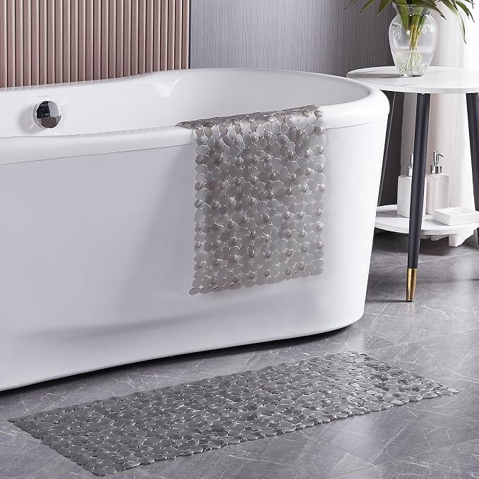 Webos Bath Shower Mat Non Slip: Extra Large Pebble Bathtub mat for Families, Anti Slip Shower Matt with Drain Holes Suction Cups Tub Mat - 16 X 40 Inch Clear Grey