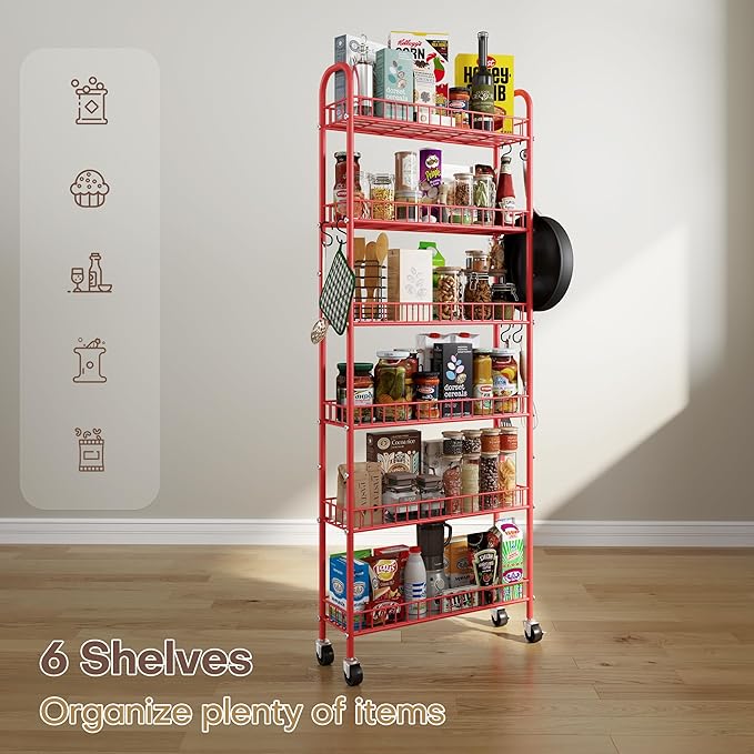 Slim Rolling Storage Cart 6 Tier, Metal Kitchen Rolling Utility Cart with Lockable Wheels for Kitchen, Bathroom, Office, Laundry Room, Small Narrow Spaces (Red 6 Inches)