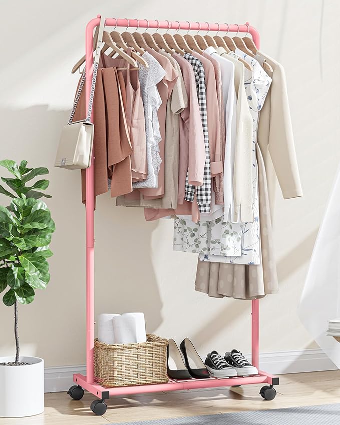 Sakugi Clothes Rack - Clothing Rack with Storage Mesh Shelf & Casters, Heavy-Duty Metal Clothing Rack for Hanging Clothes, Dresses, Coats, Large Load Capacity, Easy Assembly, Pink, 28.0"x16.9"x59.0"