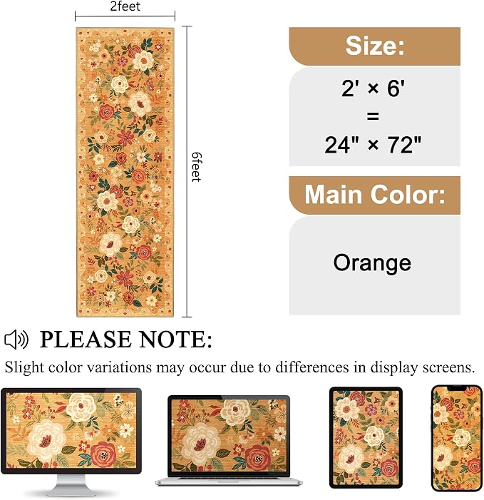 DUKINO 2x6 Runner Rug for Hallway, Washable Kitchen Runner Rug with Non Slip Backing, Low Pile Soft Boho Floral Runner for Kitchen, Hallway, Entryway, Laundry, Bedroom, Orange