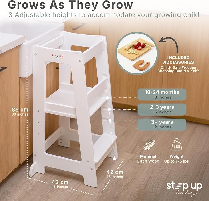 Stepup Baby Toddler Standing Tower - 3 Level Adjustable Wooden Kitchen Step Stool, Bathroom Sink, Kitchen Counter, Kids 18 Months to 4 Years Gift - White