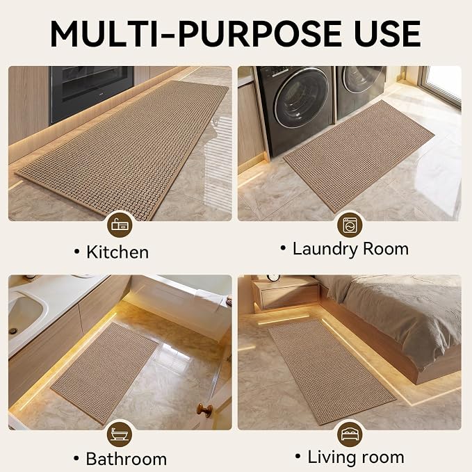 Kitchen Runner Rugs and Mat Non Slip Washable, Super Absorbent Long Kitchen Mats for Floor, Rubber Backing Soft Braided Standing Kitchen Sink Mat Kitchen Rug, Easy to Clean, Khaki 17"x59"