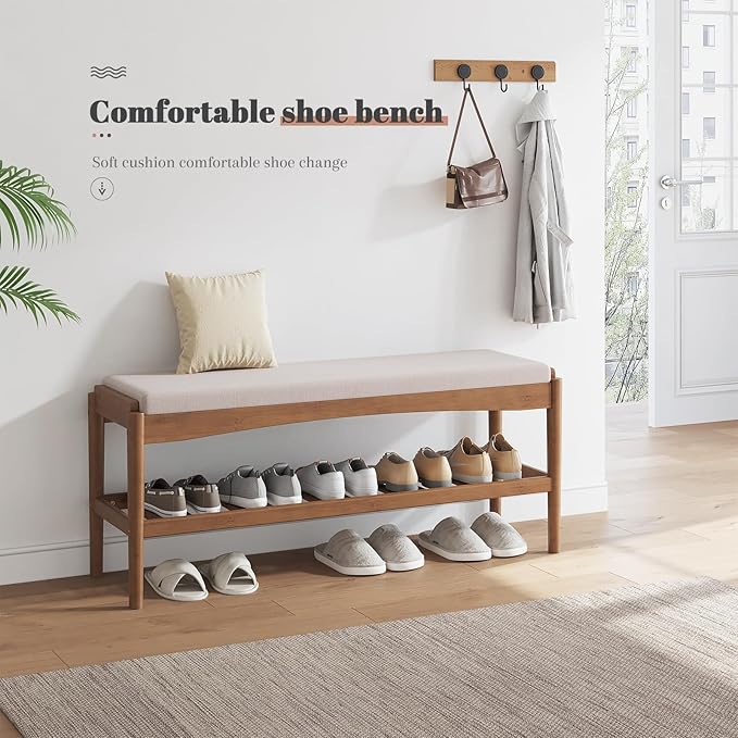 STDDRE Shoe Bench Entryway Bamboo 2-Tier Shoe Rack with Cushion Padded Seat Shoe Bench Organizer Stable for Entry, Hallway, Living Room, Bedroom, Closet (39.4 * 11.4 * 16.5IN, Brown-Beige)
