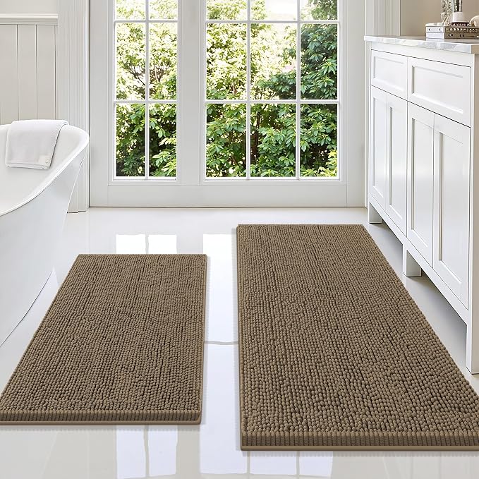 Smiry Bathroom Rugs Sets 2 Piece, Soft Absorbent Chenille Machine Washable Non Slip Shaggy Bath Rug Set for Tub, Shower, and Floor (47x20+30x20, Camel)