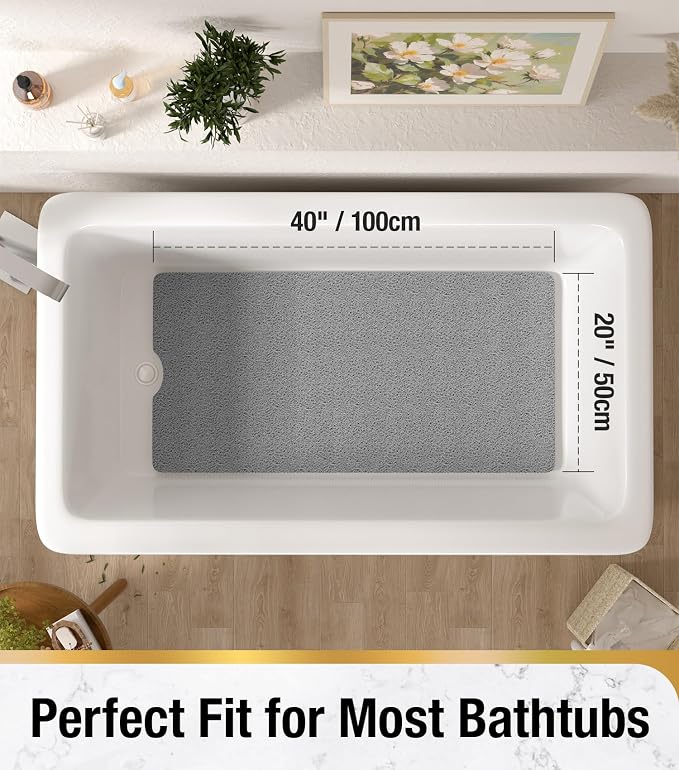 HITSLAM Non Slip Bathtub Mat 40 x 20 Inch, Extra Long Bath Mat for Tub, Soft PVC Loofah Shower Floor Mat with Drain, Quick Drying Bathroom Tub Mat for Wet Area, Without Suction Cup, Grey