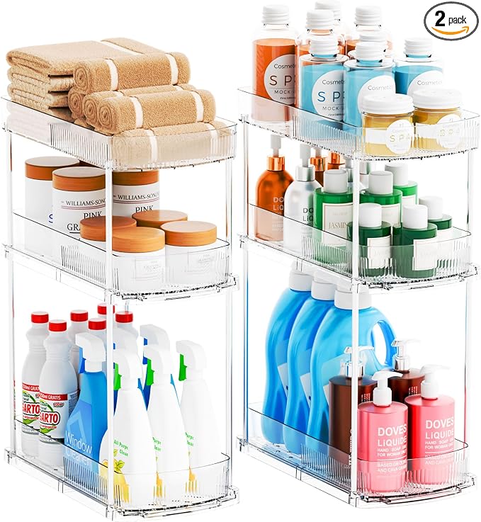 Yieach 2 Pack 13.8″ Deep 3 Tier Under Sink Storage Organizer,Large Pull Out Bathroom Organizers and Storage,Slide Out Acrylic Undersink Storage Shelf,Kitchen Under Sink Organizer for Cleaning Products