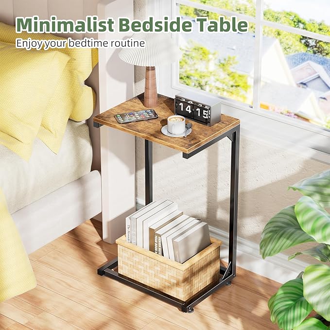Simple Trending C Shaped End Table, Small Side Table, TV Trays for Couch, Sofa Table for Living Room, Bedside, Rustic Brown