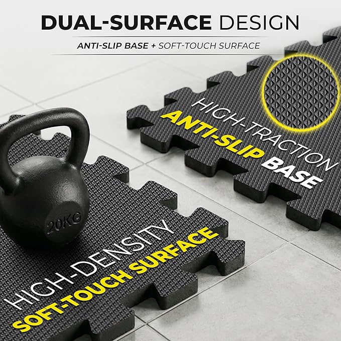 bemaxx Gym Mats Set - 18 pcs EVA Interlocking Foam Floor Tiles (12.6"x12.6"x0.4") 18sqft Protective Gym Flooring Sports Home Workout Exercise Mats Puzzle Garage Fitness Play-Room Pool Treadmill Bike