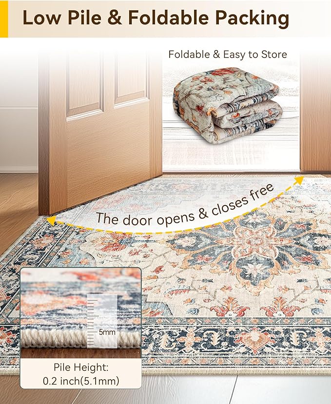 RELEANY Area Rugs Small 2'6"x4' Washable Non-Slip, Floral Vintage Distress Medallion Carpet for Kitchen Entryway Bathroom, Beige Navy Blue Orange Colorful