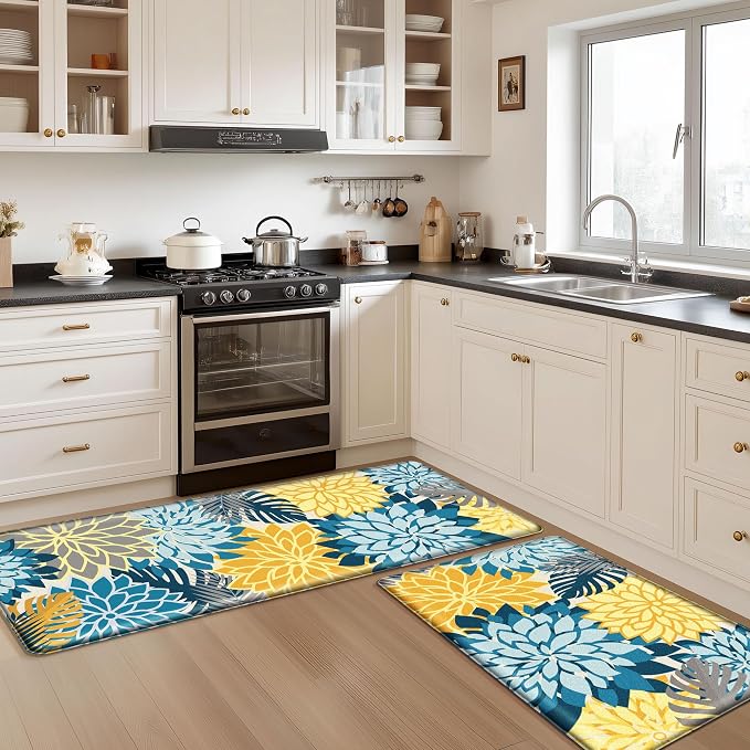Arenarug Kitchen Mats for Floor 2PCS Cushioned Anti Fatigue Kitchen Mats Waterproof Non Slip Kitchen Mat Rug Set Comfort Foam Standing Mat for Sink, Laundry, Office, 24"x39"+24"x59", Yellow Teal