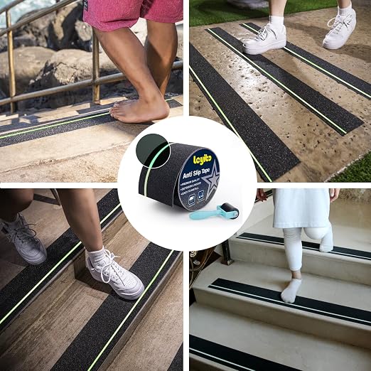 Anti Slip Tape with Glow in Dark Stripe for Stairs, 4”x35ft, Grip Tape for Stairs Steps for Outdoor/Indoor, Waterproof Non Slip Strips for Stair Treads, High Traction, Easy Install