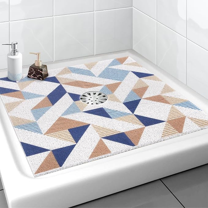 Square Shower Mat, Yonala 27 x 27 Inch Stylish Non Slip Shower Mats for Inside Shower with Central Drain Hole, Soft Trimmable PVC Loofah Anti Slip Shower Mat for Walk in Shower Stall, Quick Drying
