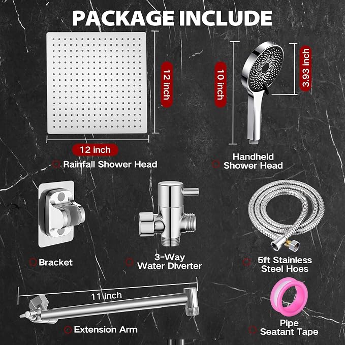 Shower Head,12”Rain Shower Head with Handheld Spray Combo and Adjustable Extension Arm/Shower System,High Pressure Rain Fall Hose,Chrome