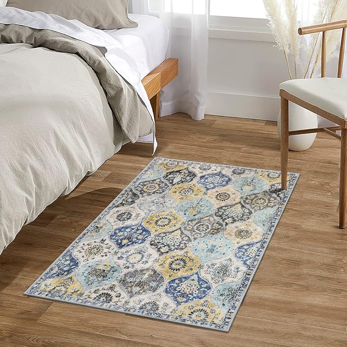Lahome Moroccan Trellis Kitchen Rugs Non Slip Washable, 2x3 Rugs for Entryway Bathroom, Non-Slip Indoor Door Mat Ultra-Thin, Oriental Small Carpet for Bedroom Entry Elise, Yellow/Aqua