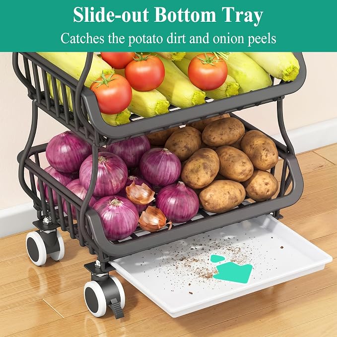 SAYZH Fruit Basket Kitchen Pantry Organizers and Storage - Wooden Top Table, Stackable Metal Wire Basket Stand Cart for Fruit Vegetable Snacks Onion Potato Organization (Black, 4 Tiers)