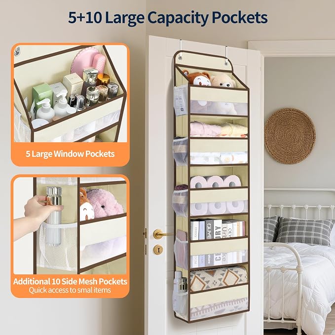 Yecaye Over The Door Organizer Storage, 5-Tier Heavy Duty Door Organizers Hanging with 10 Side Mesh Pockets, 44 lbs Load Capacity Behind Door Storage for Bathroom Nursery Bedroom Dorm Closet,Beige,1Pc