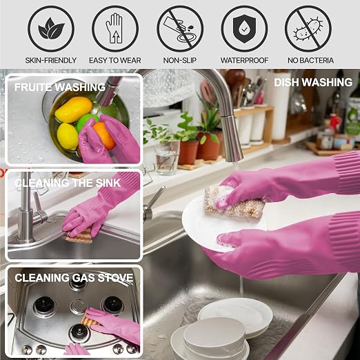 DABOGOSA Mamison 2 Pairs Reusable Waterproof Household Dishwashing Cleaning Rubber Gloves, Non-Slip Kitchen Glove (Pink, XL (Pack of 2))